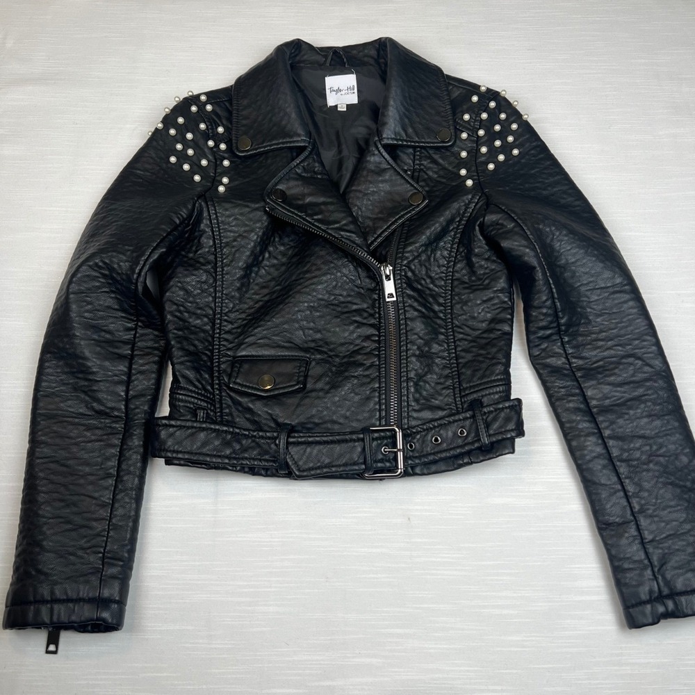 Taylor Hill by Joe's Jeans Black Faux Leather Pearl Studded Moto Jacket Medium
